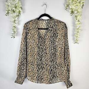 Cato Leopard Print Blouse Sheer Gold Metallic Thread Long Sleeve Size Large